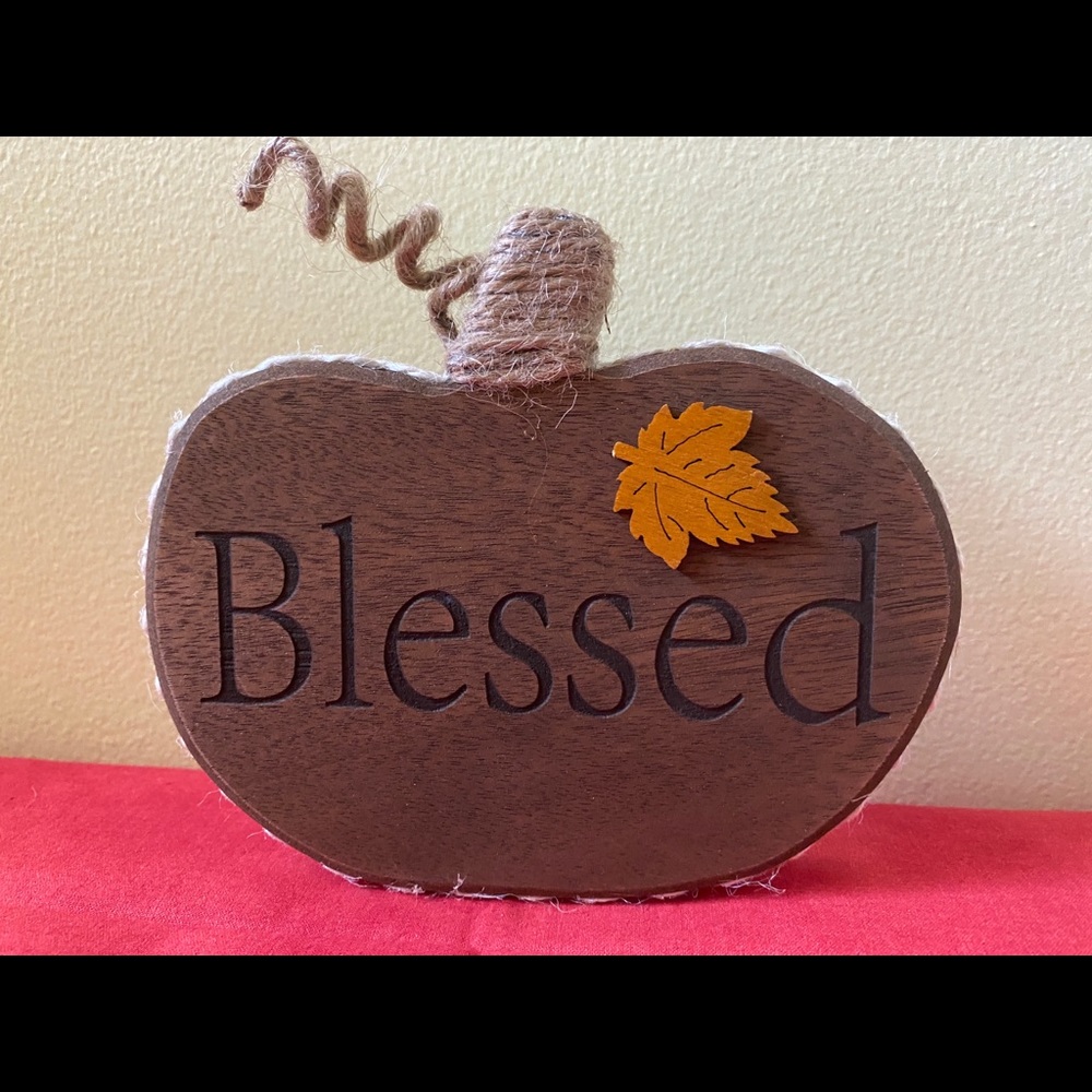 Wood Handmade Pumpkins reading Blessed or Thankful